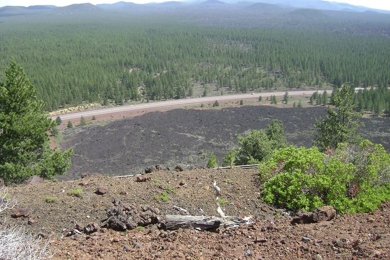 View from Lava Butte over the black lava flow and pine forest below